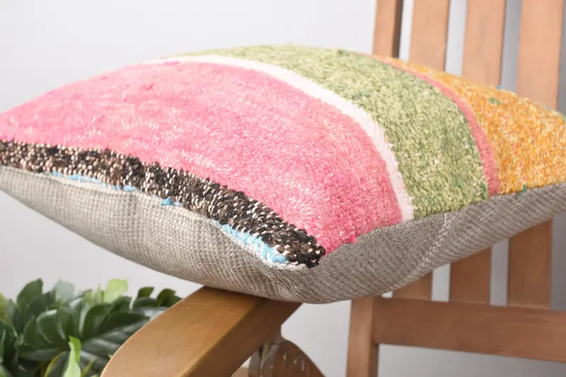 Cotton Pillow Case, Boho Pillow, Pillow Sham, Vintage Kilim Pillow, Retro Cushion Cover, 16x16 Pink Pillow Sham, Handmade Kilim Cushion - 6