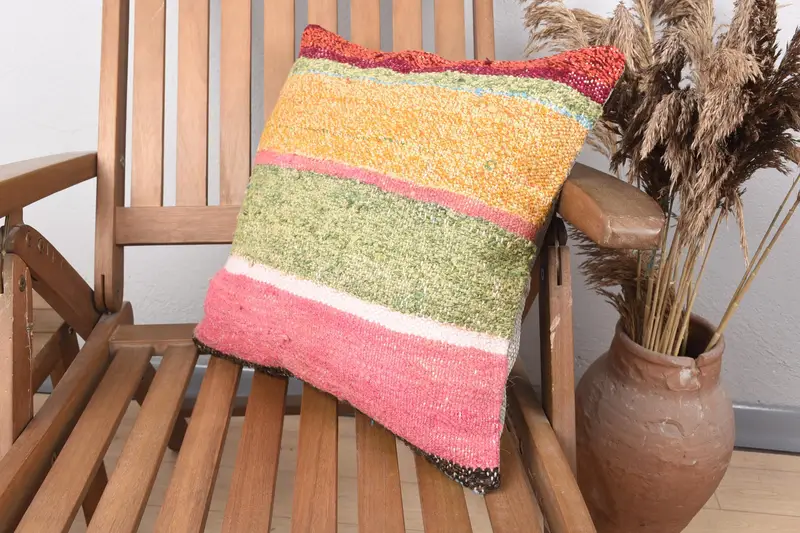 Cotton Pillow Case, Boho Pillow, Pillow Sham, Vintage Kilim Pillow, Retro Cushion Cover, 16x16 Pink Pillow Sham, Handmade Kilim Cushion - 3