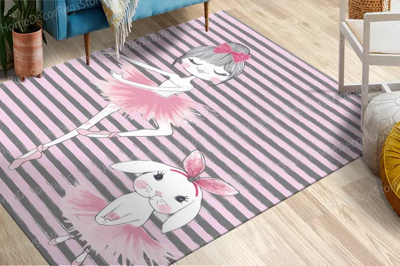 Elegante alfombra con estampado de conejo y chica de ballet rosa para habitación de chica adolescente