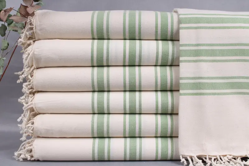 Turkish Beach Towel, Khaki Green Striped, Personalization Option, 40x71 Inches