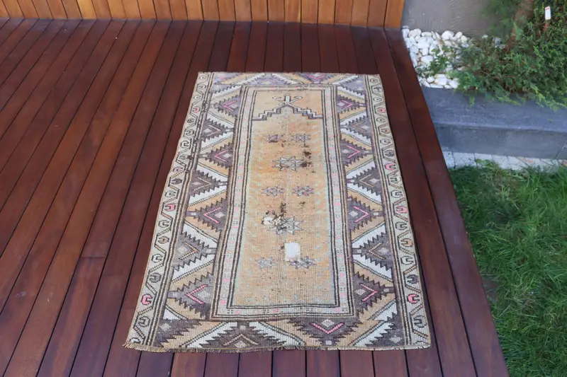2.9x4.5 ft Vintage Türk Halısı, Küçük Halı, Kahverengi Oushak Soyut Halı - 1