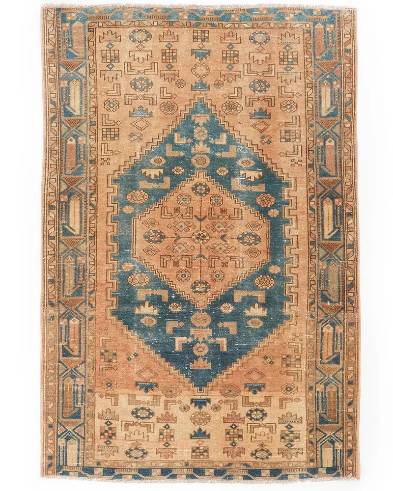 Zarif Bej Halı, Mavi Desenli 4,1x6,2 ft