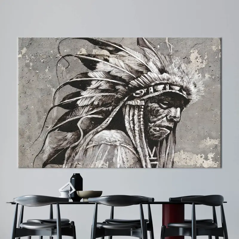 Elegant Native American Chief Canvas Print in Gray Tones