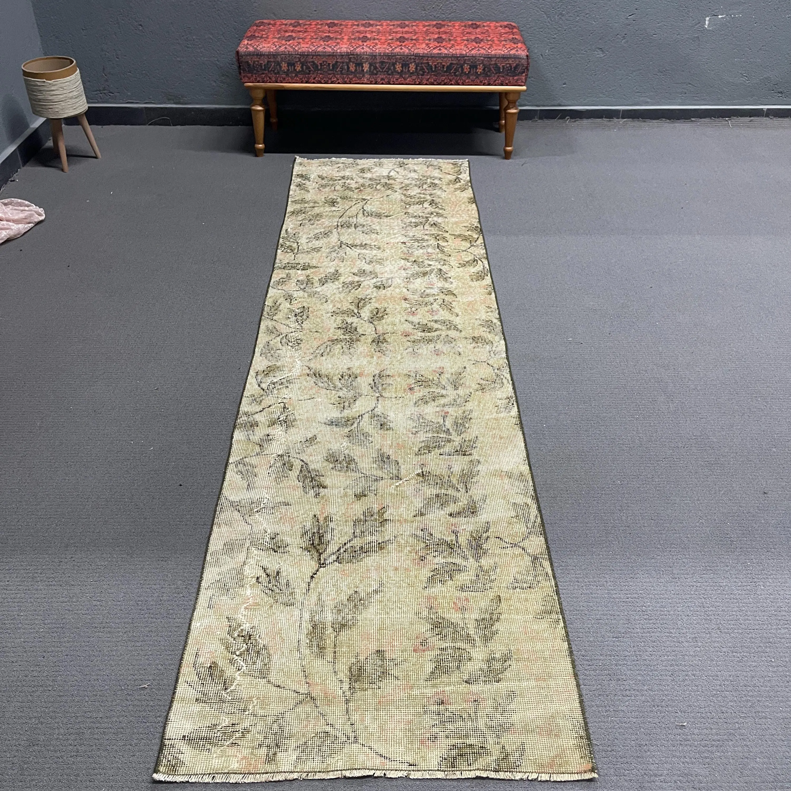 Vintage Rug 2.5x9.2 ft (76x280 cm), Green Floral Turkish Rug - 1