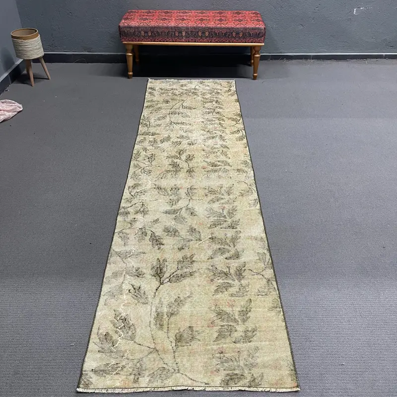 Green, Orange Rug 2.5x9.2 ft, Geometric Floral Motifs