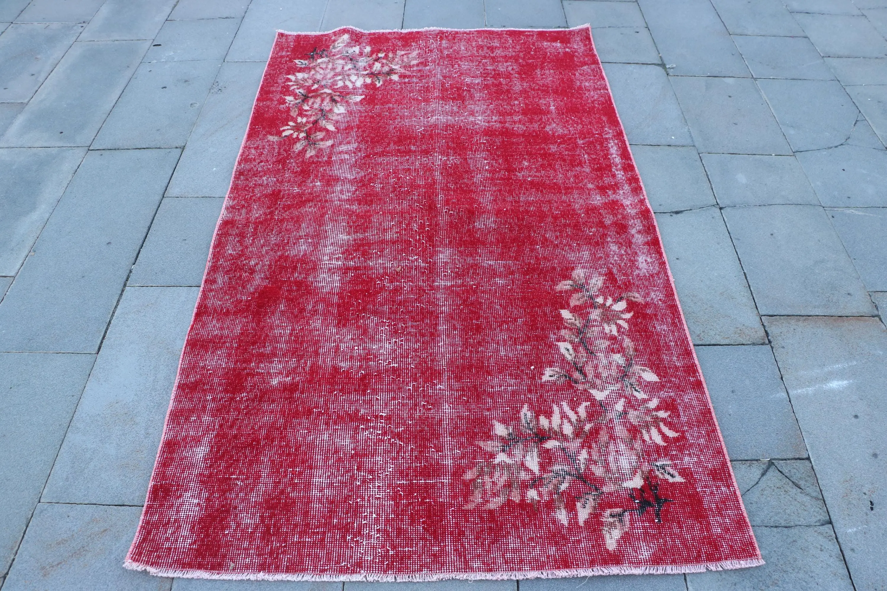 3.7x6.4 ft Vintage Halı, Kırmızı Patchwork Türk Yün Halısı - 1