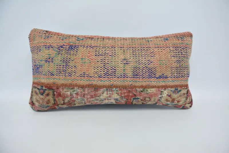 Blue & Red 12x24 Inch Embroidered Pillow, Handmade Decorative Pillow - 1