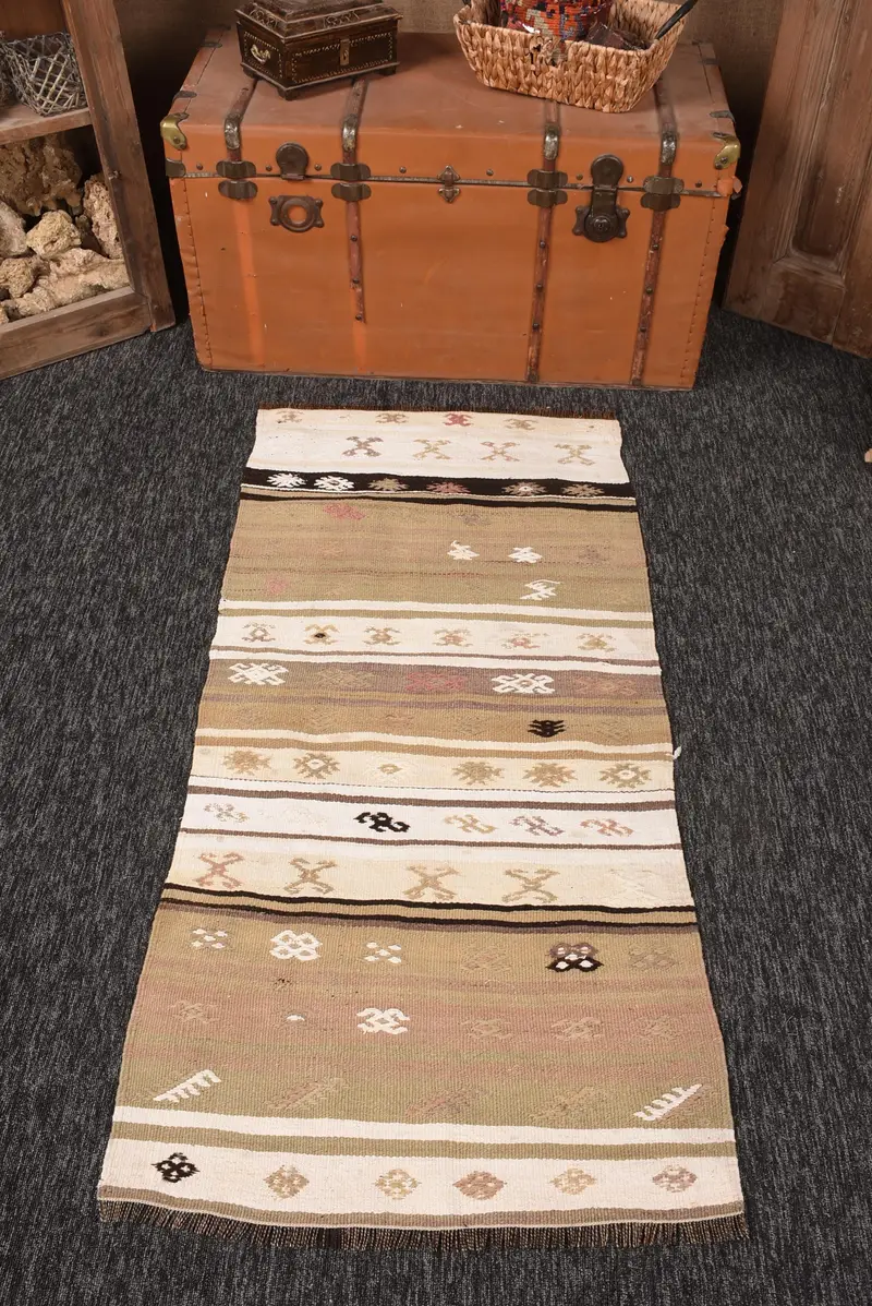 Türk Halısı, 2.3x5 ft Küçük Halı, Kahverengi Ombré Yün Vintage Halı - 1
