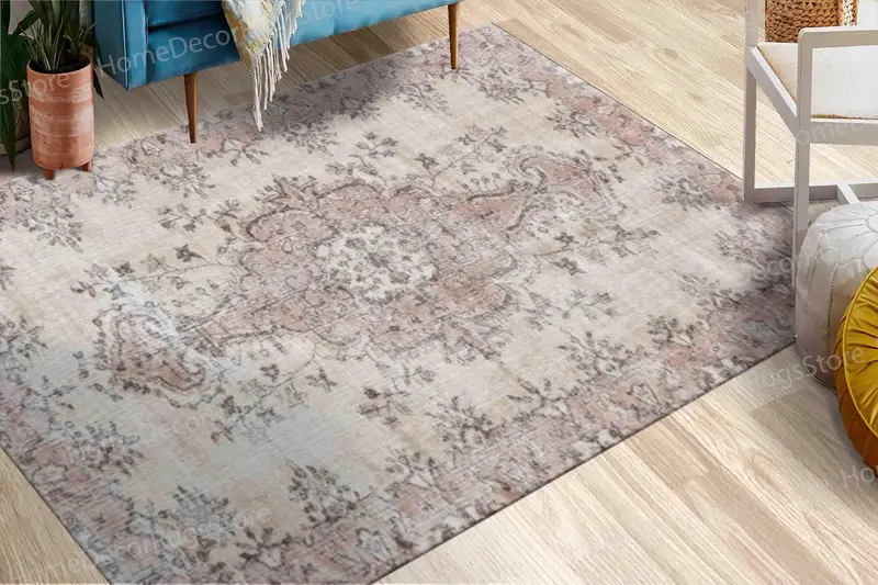 メダリオン花柄プリントラグ、ソフトトーン、ボヘミアンシックなデザイン