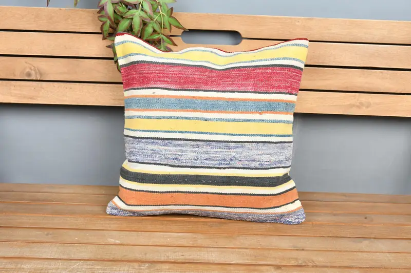 Pillow Case, Ethnical Kilim Rug Pillow, Boho Throw Pillow Cover, 18x18 Yellow Cushion Cover, Gift Pillow, Boho Pillow, Shabby Chic Cushion Cover - 6