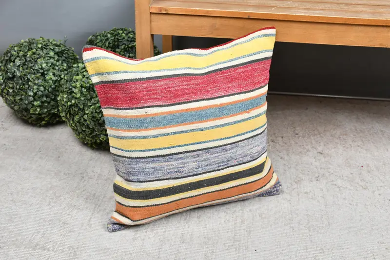 Pillow Case, Ethnical Kilim Rug Pillow, Boho Throw Pillow Cover, 18x18 Yellow Cushion Cover, Gift Pillow, Boho Pillow, Shabby Chic Cushion Cover - 7