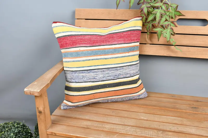 Pillow Case, Ethnical Kilim Rug Pillow, Boho Throw Pillow Cover, 18x18 Yellow Cushion Cover, Gift Pillow, Boho Pillow, Shabby Chic Cushion Cover - 1
