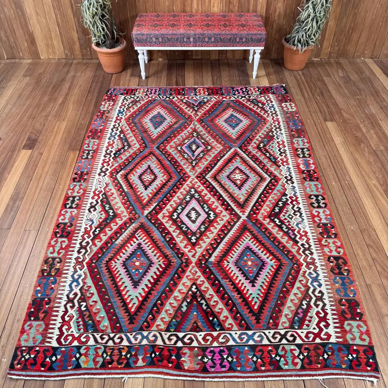 5.8x8.7 ft Turkish Rug, Vintage Large Rug, Red Floral Wool Rug - 1