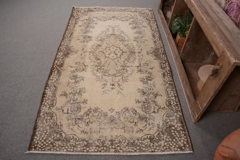 Zarif Bej Oryantal Halı, 3,7x6,9 ft, Kahverengi Vurgular