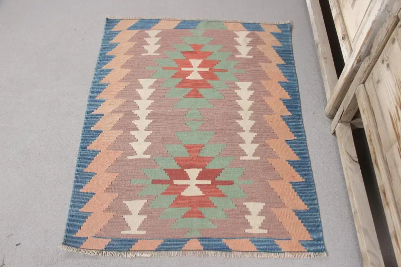 Purple, Green Rug 2,8x3,5 ft, Geometric Floral Design