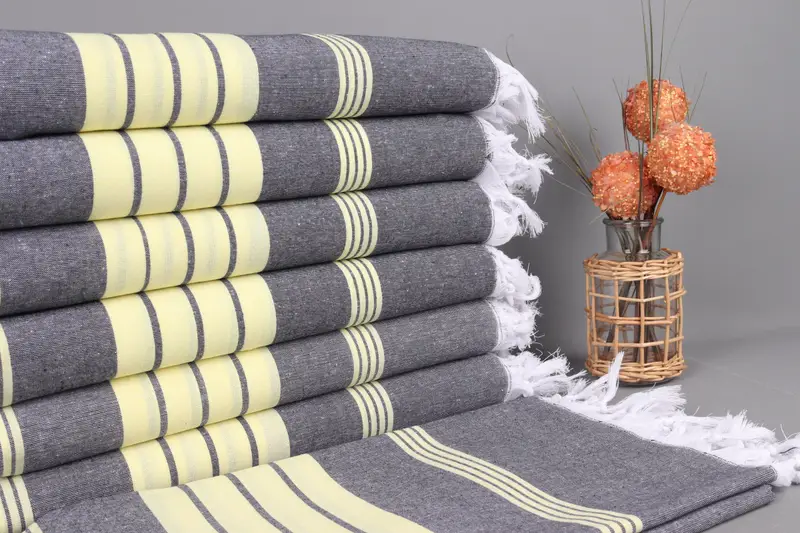 Personalized Gift Striped Beach Towel Yellow-Gray with Beige, Organic Cotton, 32x67 Inches