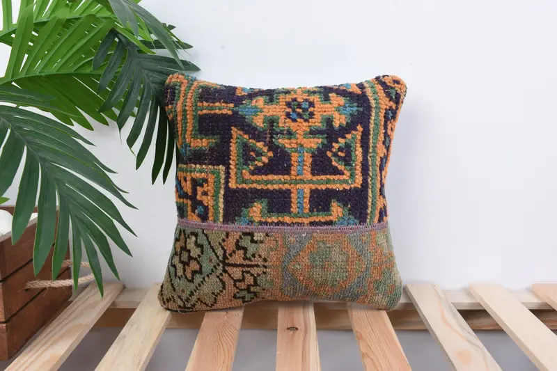 Kilim Pillow, Turkish Pillow, Muted Pillow Cover, 12x12 Blue Cushion Cover, Sofa Bolster Pillow Sham, Vintage Pillow, Cushion Cover - 1