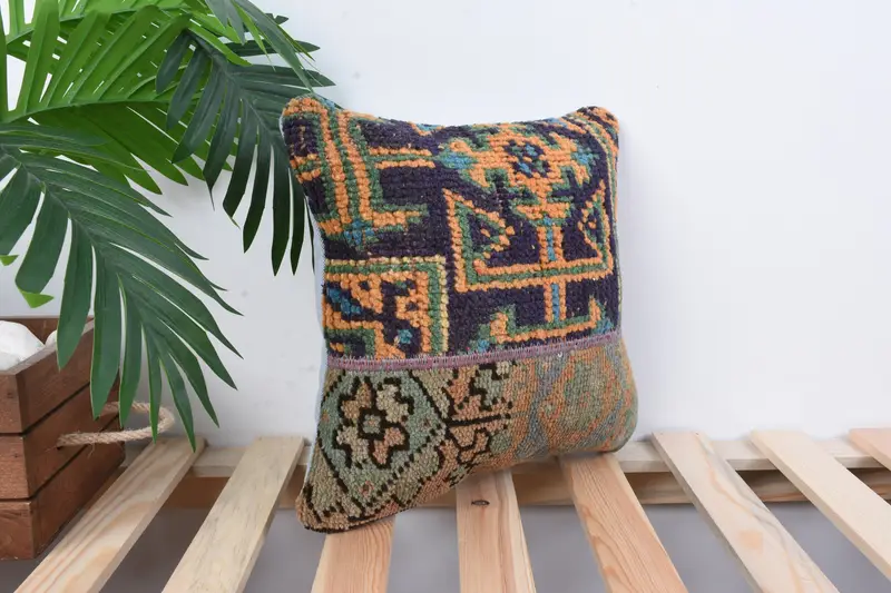 Kilim Pillow, Turkish Pillow, Muted Pillow Cover, 12x12 Blue Cushion Cover, Sofa Bolster Pillow Sham, Vintage Pillow, Cushion Cover - 4