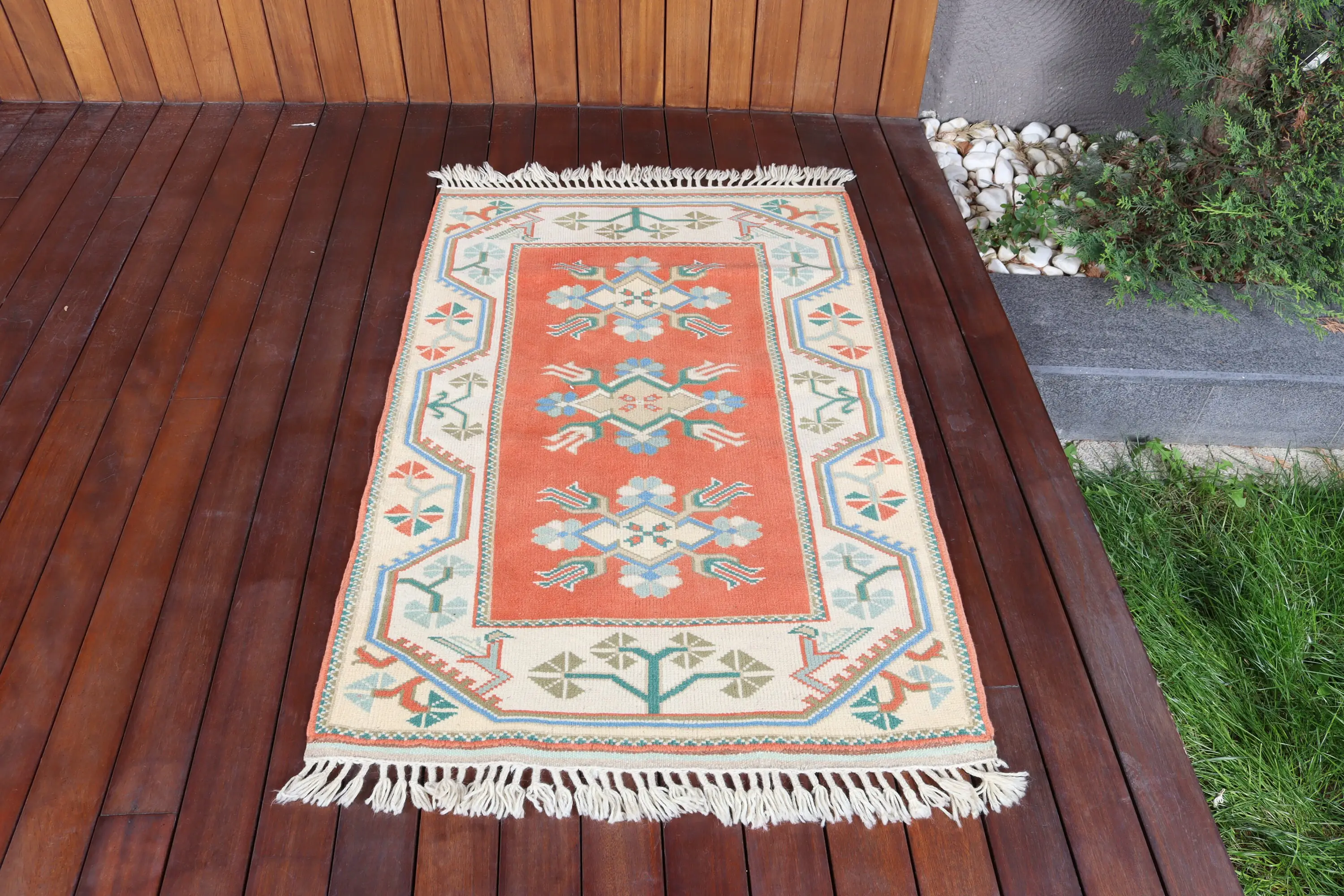 Turkish Vintage Rug 2.8x4.2 ft (84x127 cm), Orange Oriental Rug - 1