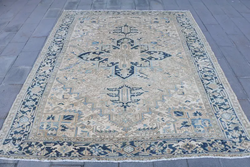 8.4x9.9 ft Turkish Oushak Rug, Vintage Rug, Blue Solid Wool Rug - 1