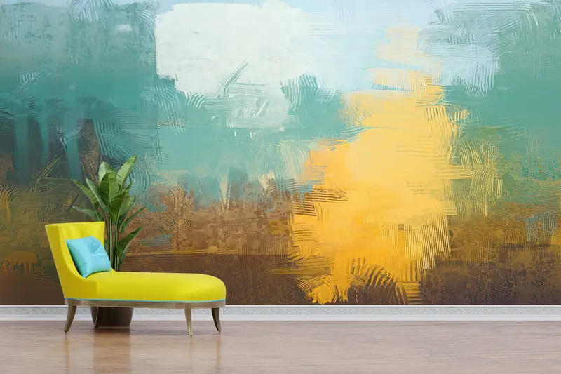 Modern Abstract Printed Wallpaper: Vibrant Green & Yellow Oil Design