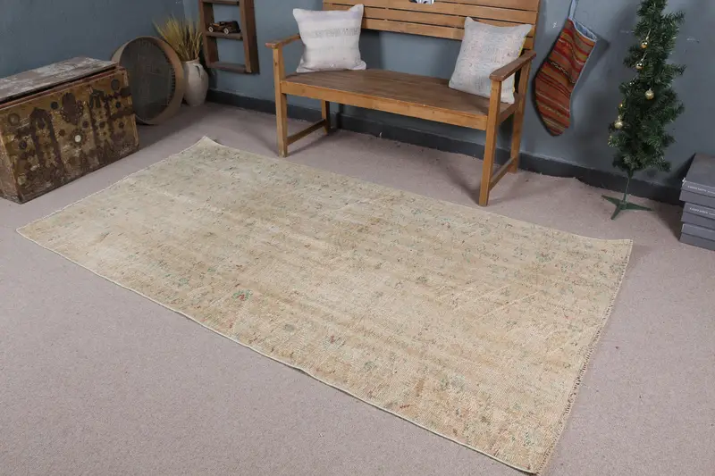 Vintage 4,2x8 ft Teppich, türkischer Teppich, braungrüner Ombré-Wollteppich - 1