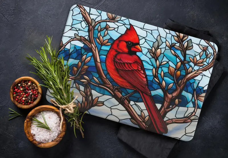 Modern Glass Cutting Board with Red Bird Tree Branch Design
