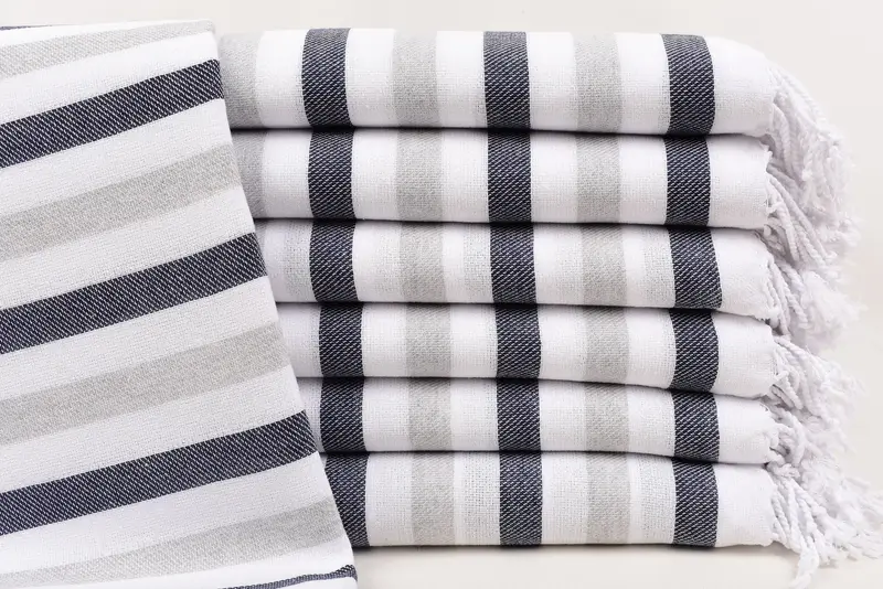 Beach Towel Gray-Navy Blue Striped Organic Cotton, 67x40 Inches