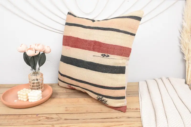 24x24 Beige Cushion Case, Cushion Cover, Interior Designer Pillow, Natural Pillow Sham, Pillow for Couch, Kilim Cushion Sham, Aesthetic Pillow - 4