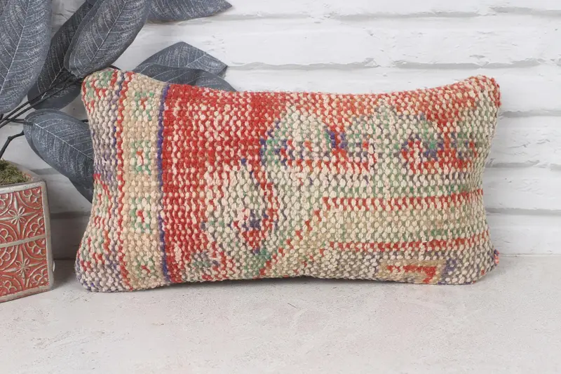 Vintage Pillow, Chair Cushion Case, Turkish Kilim Pillow, 8x16 Red Cushion, Gift Pillow, Anatolian Pillow Cover, Cushion Case, Bolster Cushion - 1