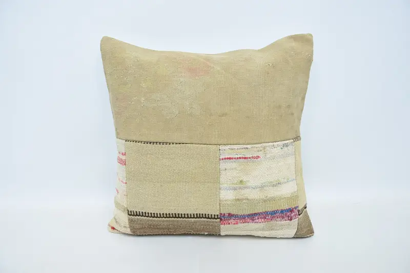 Turkish Square Striped Pillow, 60x60 cm Beige Antique Pillow Case - 1