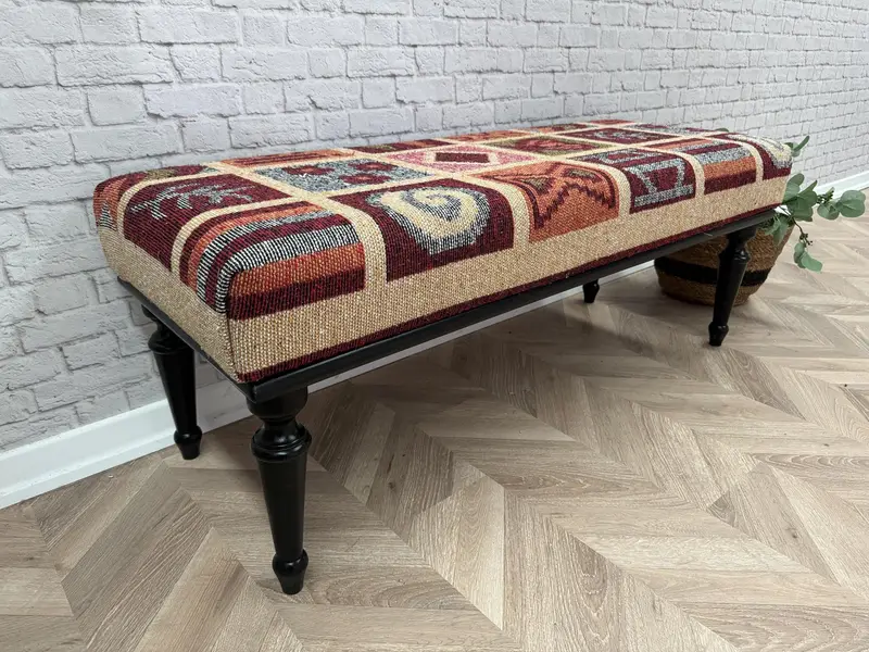 Modular Blue and Pink Kilim-Inspired Ottoman, Wool Blend Sofa Set