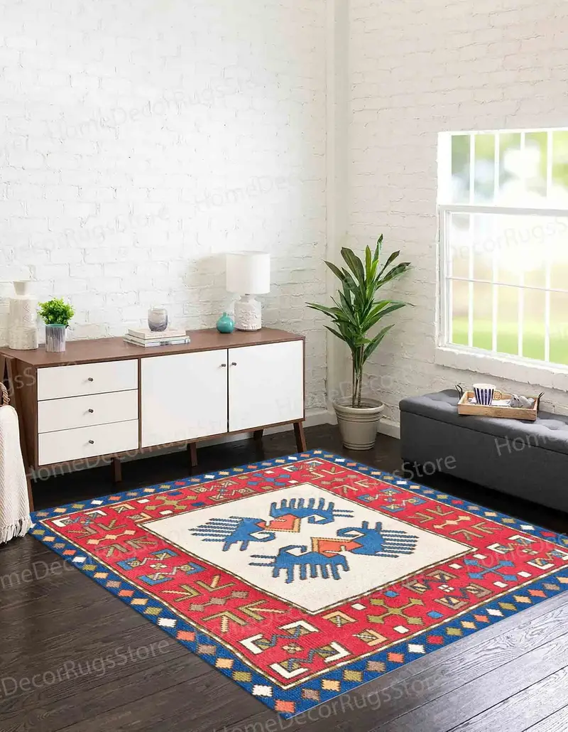 Red and Blue Geometric Printed Rug, Vintage Navajo Design