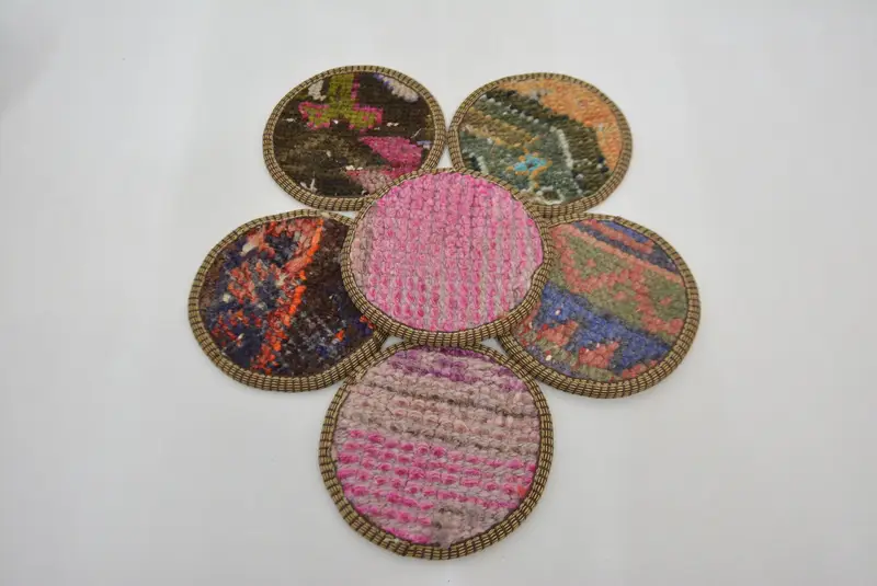 Pink and Brown Circle Coaster, Non-Slip Boho Rug Coaster