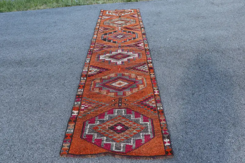 Vintage Türk Halısı, 2.9x11.7 ft Herki Halı, Kırmızı Gri Halı - 1