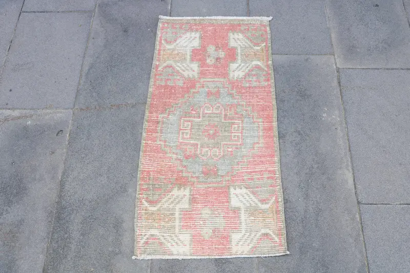 1.4x2.9 ft Vintage Halı, Türk Küçük Halısı, Kırmızı Gri Oryantal Halı - 1