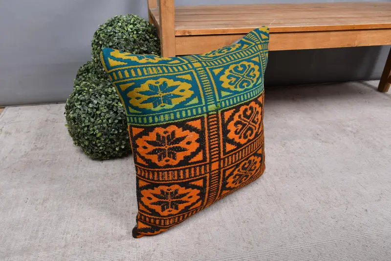 Handmade Pillow Cover, Cushion, Vintage Kilim Pillow, Kilim Pillow Cover, 20x20 Orange Pillow Cover, Luxury Pillow Sham, Pillow for Sofa - 7