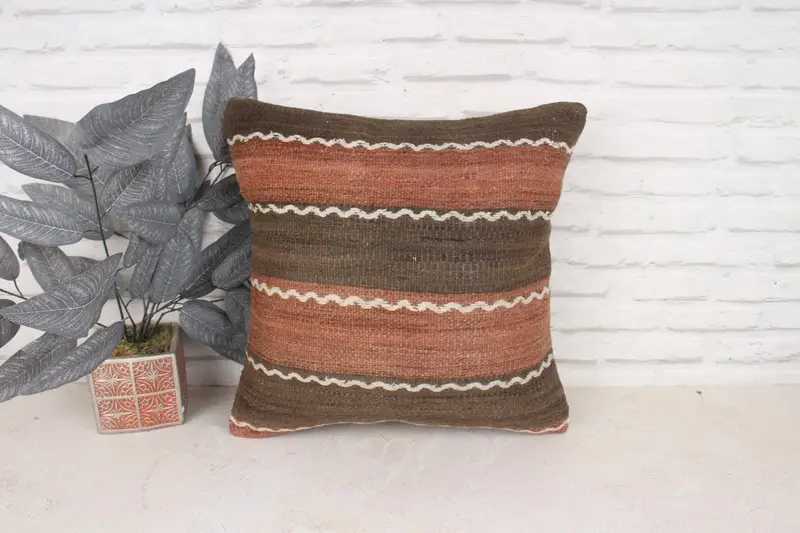 18x18 Brown Pillow Sham, Cushion Cover, Vintage Kilim Pillow, Kilim Pillow, Decorative Throw Pillow Case, Throw Kilim Pillow, Accent Pillow Sham - 1