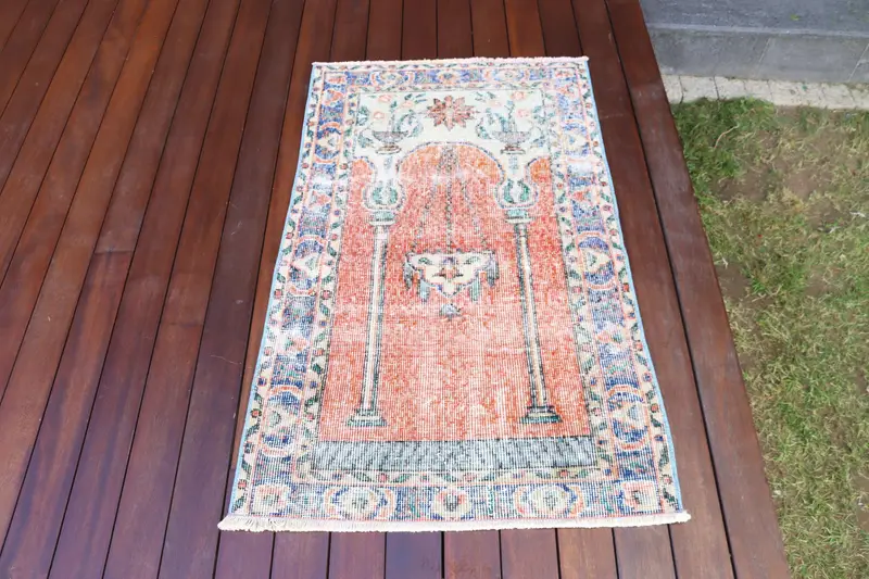 Turkish Vintage Rug, Small 2.4x3.8 ft (74x115 cm) Rug, Orange Patchwork Wool Rug - 1