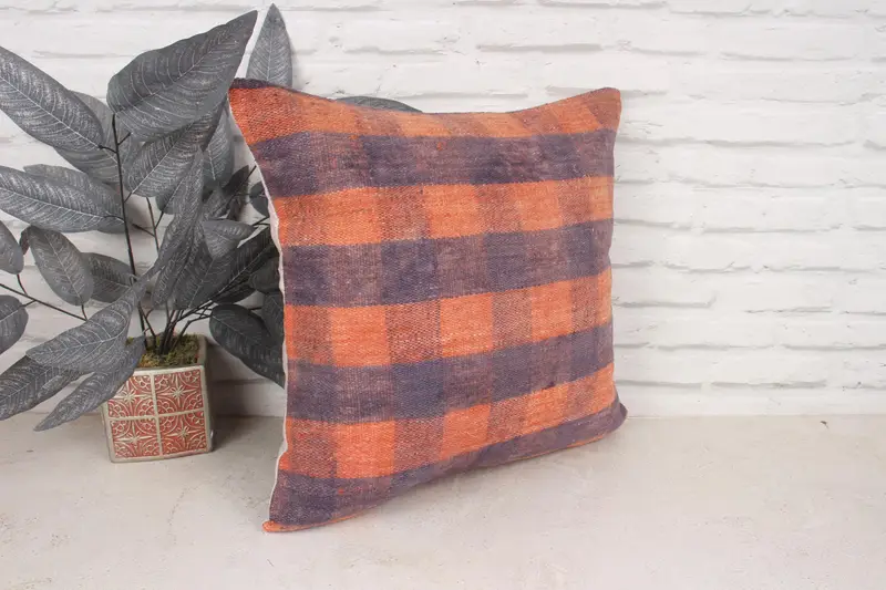 Cushion Case, Kilim Cushion Sham, 18x18 Orange Cushion, Gift Pillow, Vintage Kilim Pillow, Decorative Pillow, Pattern Throw Pillow Cover - 3