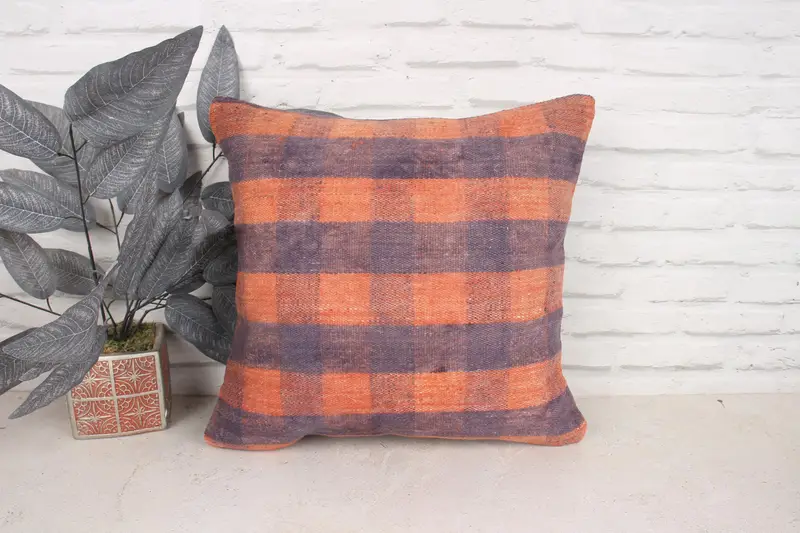Cushion Case, Kilim Cushion Sham, 18x18 Orange Cushion, Gift Pillow, Vintage Kilim Pillow, Decorative Pillow, Pattern Throw Pillow Cover - 1