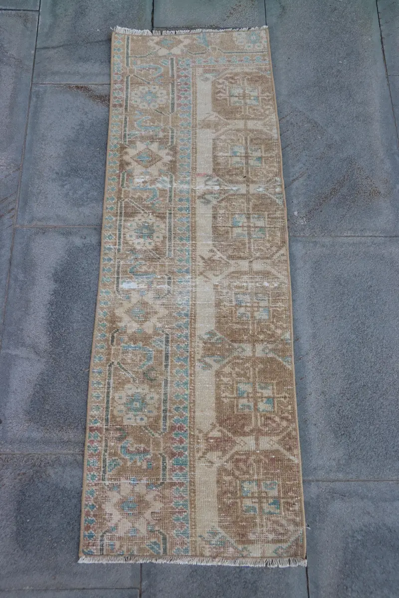 Vintage 1.3x4.1 ft Small Rug, Turkish Rug, Oushak Brown Rug - 1