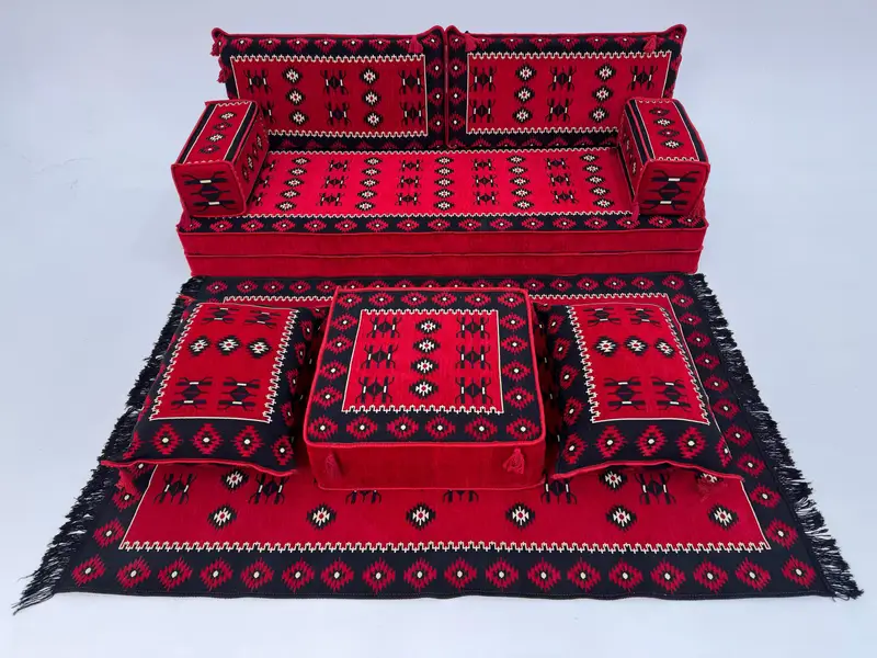 Dikdörtgen Kilim Puf, Kırmızı Siyah Yün Tepsili Masa Pufu