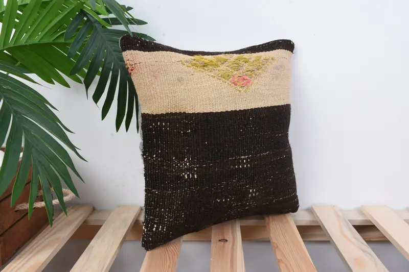 Turkish Pillow, Boho Pillow Sham Cover, Cotton Cushion Cover, Ethnical Kilim Rug Pillow, Pillow Sham, 12x12 Brown Pillow Sham - 4