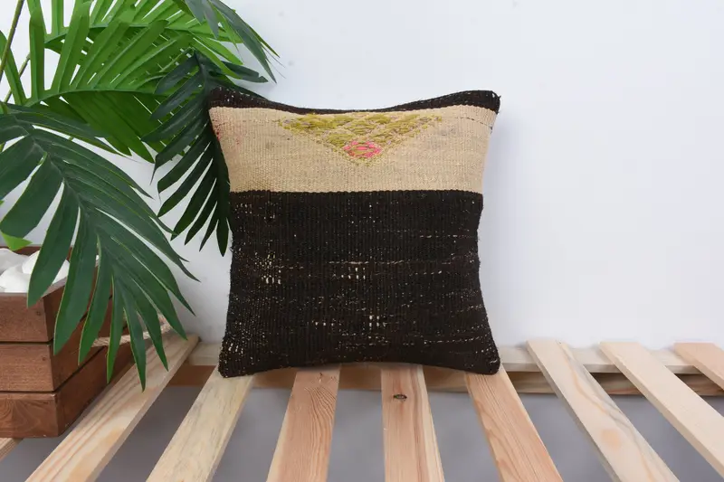 Turkish Pillow, Boho Pillow Sham Cover, Cotton Cushion Cover, Ethnical Kilim Rug Pillow, Pillow Sham, 12x12 Brown Pillow Sham - 1
