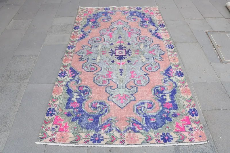 Vintage Rug, Area 4x6.9 ft Turkish Rug, Blue Pink Ombré Wool Rug - 1