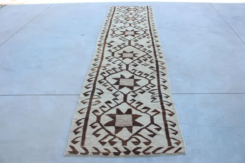 3x11.4 ft Turkish Rug, Vintage Runner Rug, Brown Plants & trees Wool Rug - 1