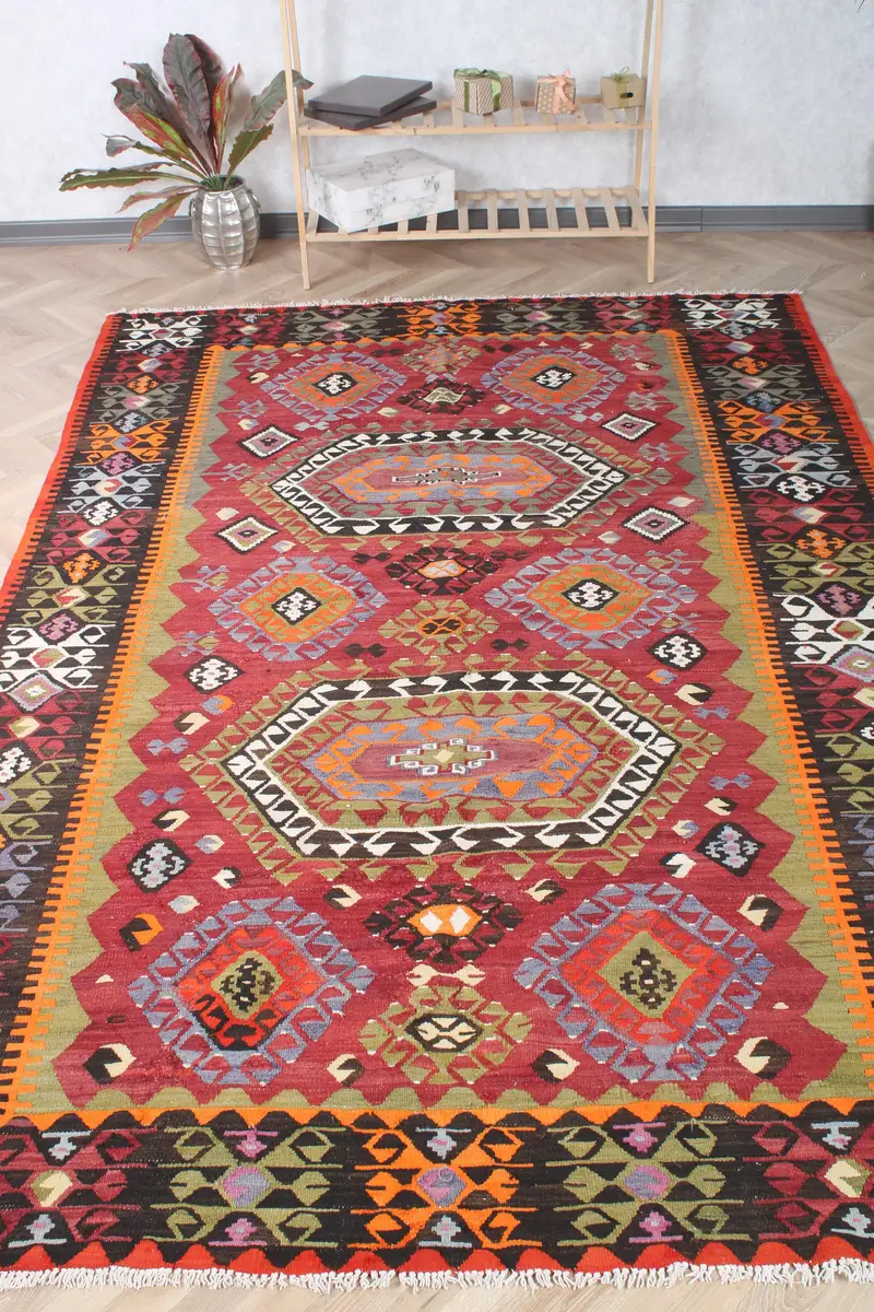 Vintage Halı, 6.3x9.6 ft Büyük Boy Türk Halısı, Kilim Kırmızı Mavi Soyut Halı - 1