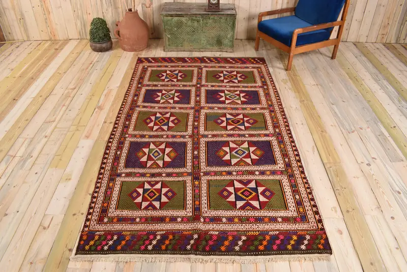 Yeşil ve Mor Patchwork Halı, 5,1x8,9 ft Şık Dekor