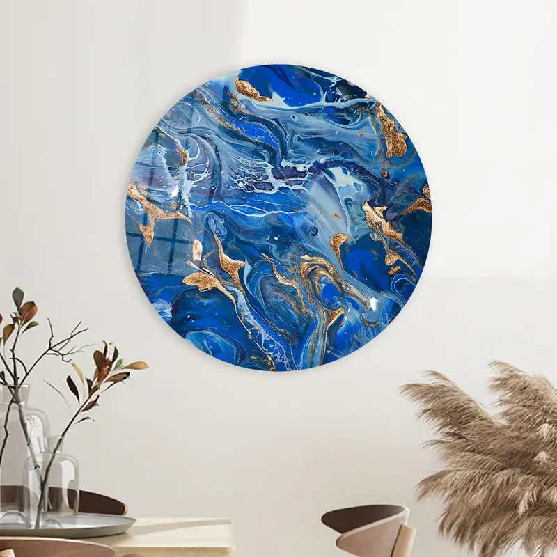 Luxurious Navy Blue Shimmery Gold Printed Canvas Art